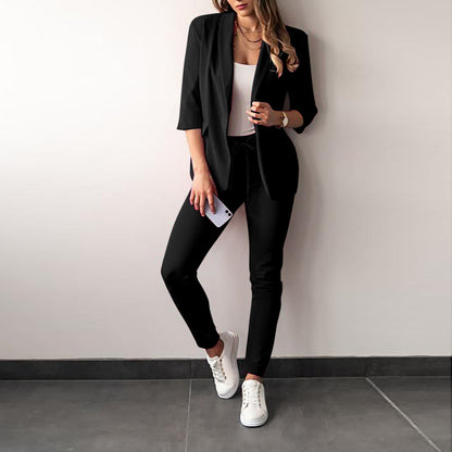 Ensemble Femme 2 Pièces – Blazer Cintré – Tissu Stretch – Manches Trois-Quarts – Coupe Structurée