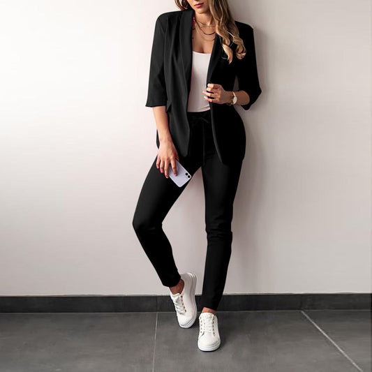 Ensemble Femme 2 Pièces – Blazer Cintré – Tissu Stretch – Manches Trois-Quarts – Coupe Structurée