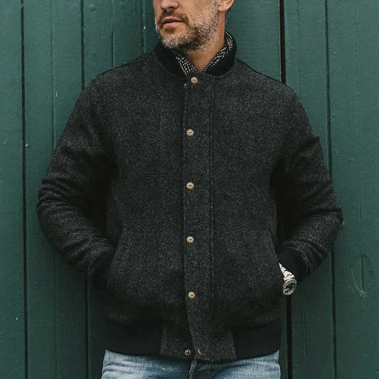 Blouson Homme – Style Bombers – Laine Mélangée – Coupe Décontractée – Finitions Côtelées