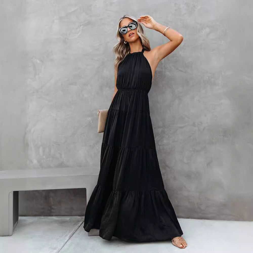 Robe longue femme – Col halter – Taille cintrée – Tissu fluide et respirant