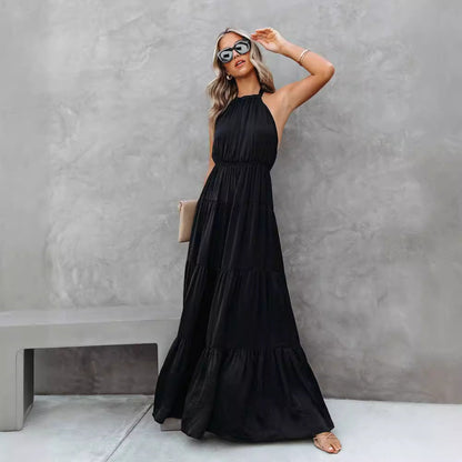 Robe longue femme – Col halter – Taille cintrée – Tissu fluide et respirant