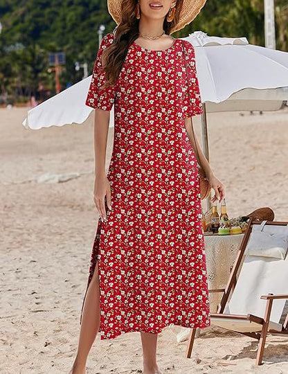 Robe longue femme – Coupe fluide – Imprimé fleuri – Style bohème – Fentes côtés