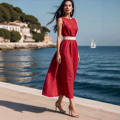 Robe midi femme – Sans manches – Coupe évasée – Taille ceinturée – Fibres naturelles