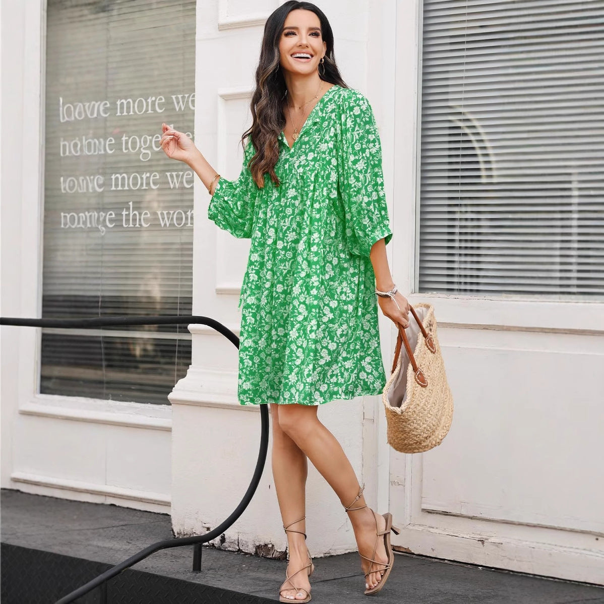 Robe midi femme – Tissu léger – Coupe décontractée – Manches lanterne – Imprimé bohème