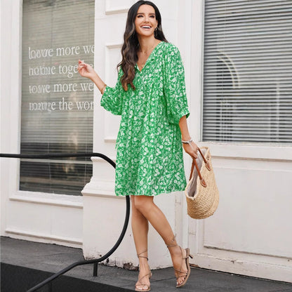 Robe midi femme – Tissu léger – Coupe décontractée – Manches lanterne – Imprimé bohème