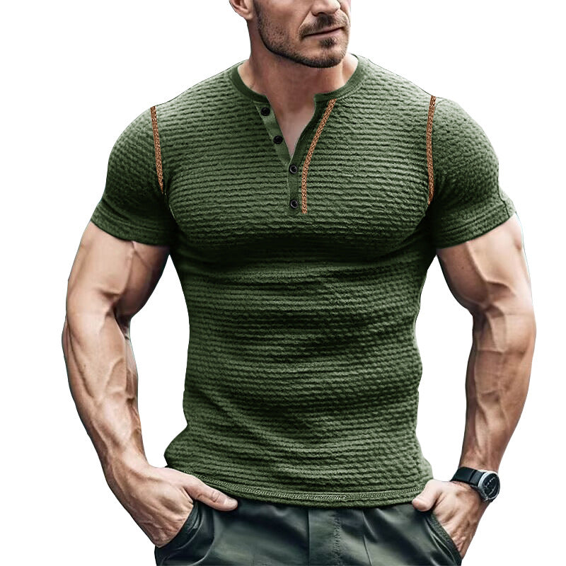 T-shirt Henley homme – Coupe slim – Maille gaufrée – Manches courtes respirantes