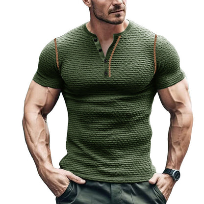 T-shirt Henley homme – Coupe slim – Maille gaufrée – Manches courtes respirantes