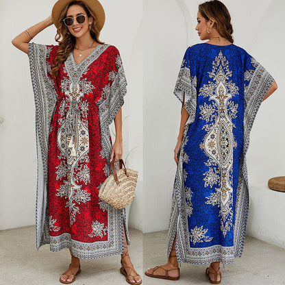Robe longue femme – Tissu léger respirant – Manches larges – Motif orné – Décolleté V