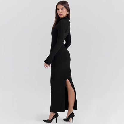 Robe longue femme – Coupe slim – Manches longues – Col rond – Élégance formelle