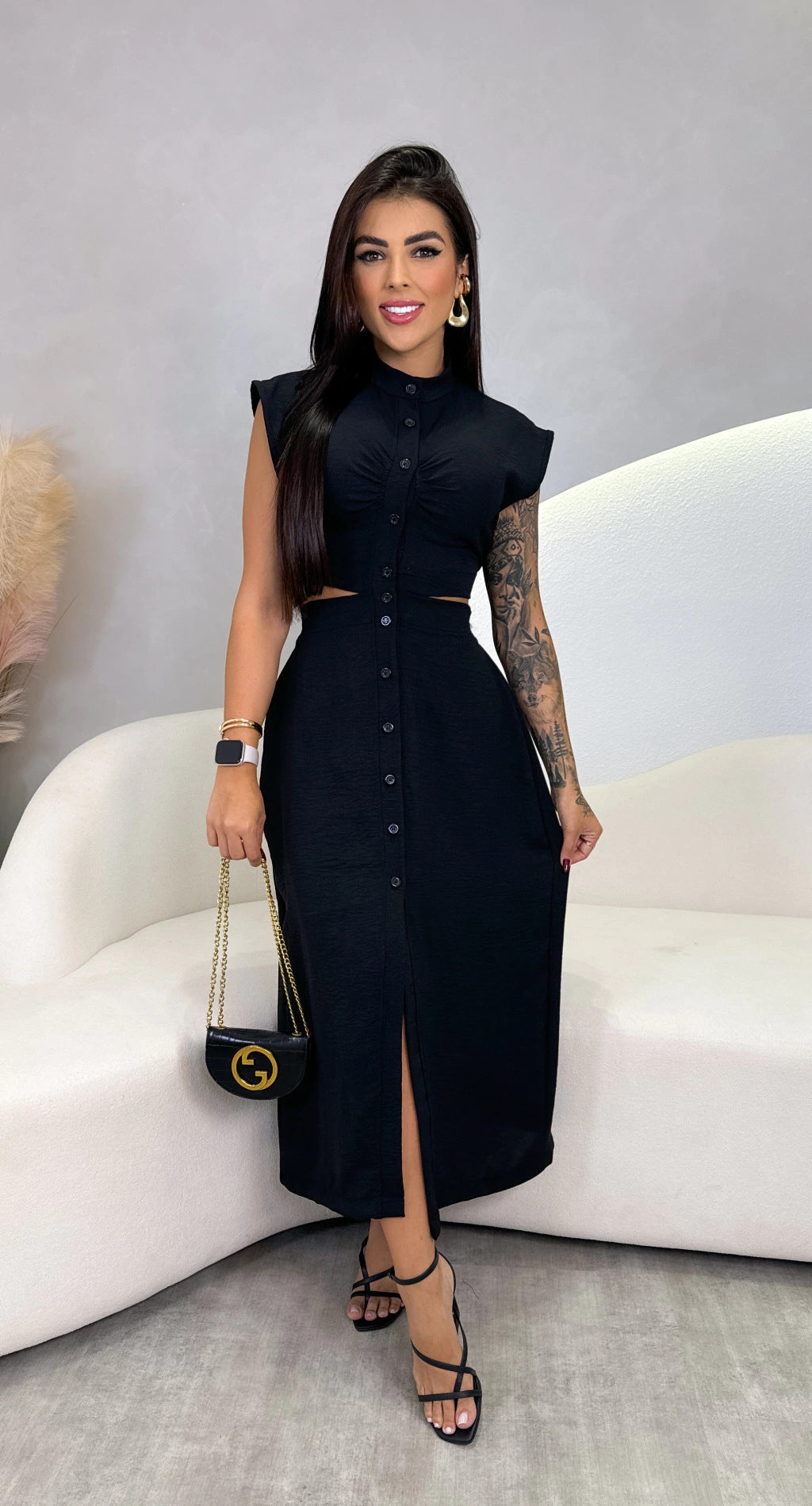 Robe midi femme – Coupe slim – Sans manches – Taille ajourée – Col montant – Boutonnée