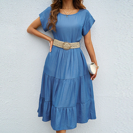 Robe mi-longue femme – Coupe décontractée – Tissu respirant – Ceinture tressée – Volants