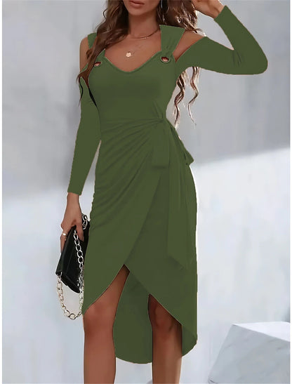 Robe femme à bretelles – Coupe cintrée – Décolleté en V – Liens à la taille – Ourlet asymétrique