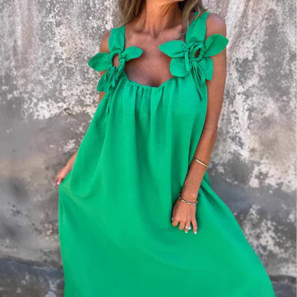 Robe longue femme – Coupe fluide – Tissu respirant – Détails floraux épaules