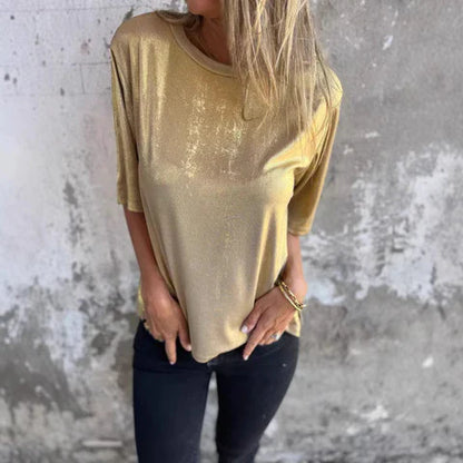 Blouse femme – Coupe fluide – Tissu léger brillant – Manches courtes – Style drapé