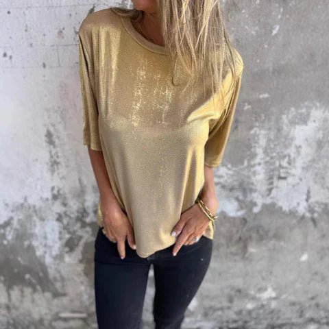 Blouse femme – Coupe fluide – Tissu léger brillant – Manches courtes – Style drapé