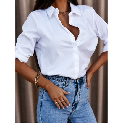 Blouse femme – Coupe décontractée – Col V – Manches longues roulables – Tissu respirant