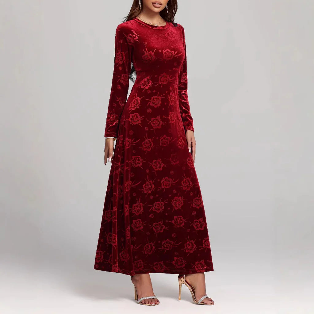 Robe longue femme – Velours gaufré floral – Coupe évasée – Manches longues élégantes