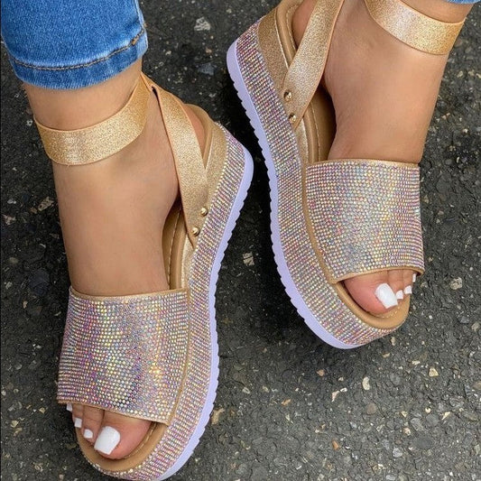 Sandales compensées femme – semelle épaisse – strass – bout ouvert – bride boucle
