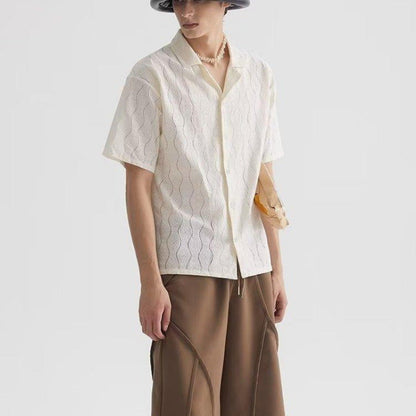 Chemise homme manches courtes – Coupe oversize – Col cubain – Dentelle respirante