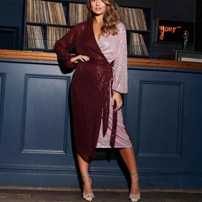Robe portefeuille femme – Coupe ajustée – Sequins – Manches longues – Longueur midi