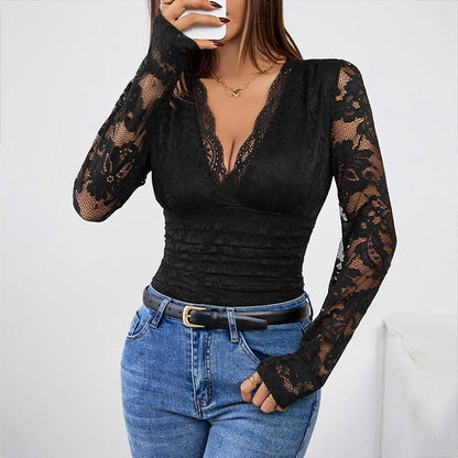 Blouse femme – Coupe slim – Dentelle ajourée – Manches longues – Décolleté plongeant