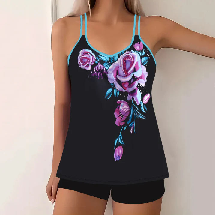 Tankini femme – Ensemble 2 pièces – Décolleté en V – Bretelles fines – Coupe confortable