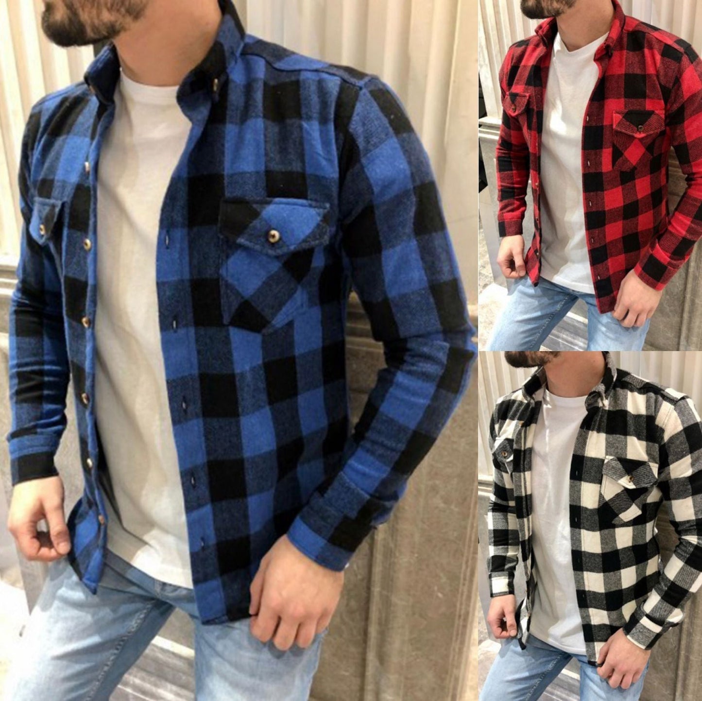 Chemise homme à carreaux – Coupe décontractée – Coton lin – Manches longues