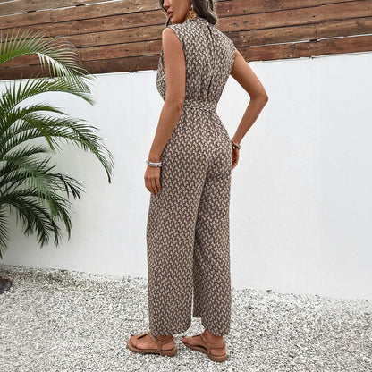 Combinaison femme – Sans manches – Imprimé géométrique – Cinturée – Jambe large
