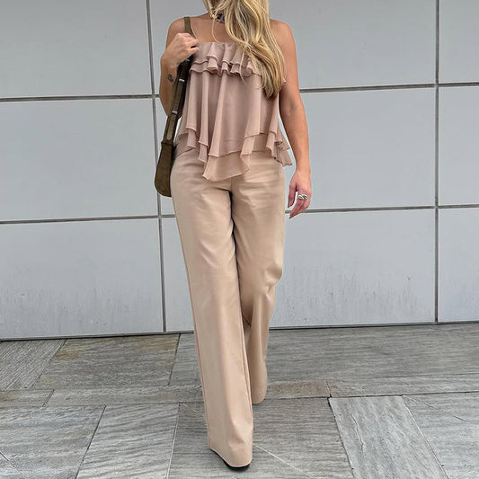 Top sans manches femme – Coupe ample – Volants superposés – Tissu fluide léger