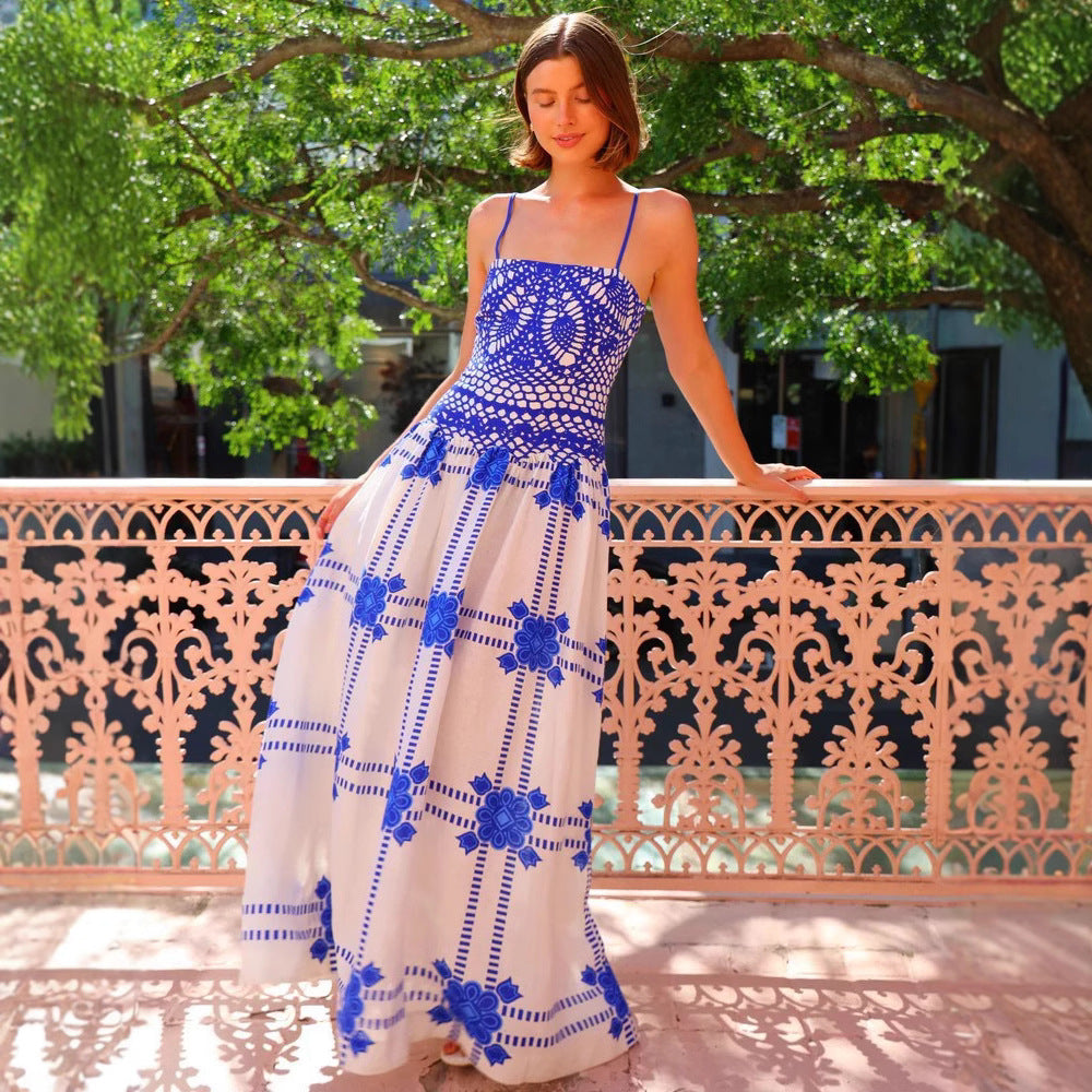 Robe longue femme – Dentelle crochet – Bretelles fines – Coupe évasée fluide