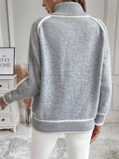 Sweat-shirt femme – Coupe ample – Col montant – Manches à rayures contrastées