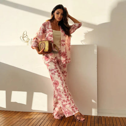 Ensemble Femme Deux Pièces – Coupe Décontractée – Haut Ouvert 3/4 – Pantalon Long Fleuri