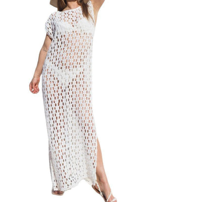 Robe longue femme – Maille crochet ajourée – Sans manches – Coupe fluide fendue