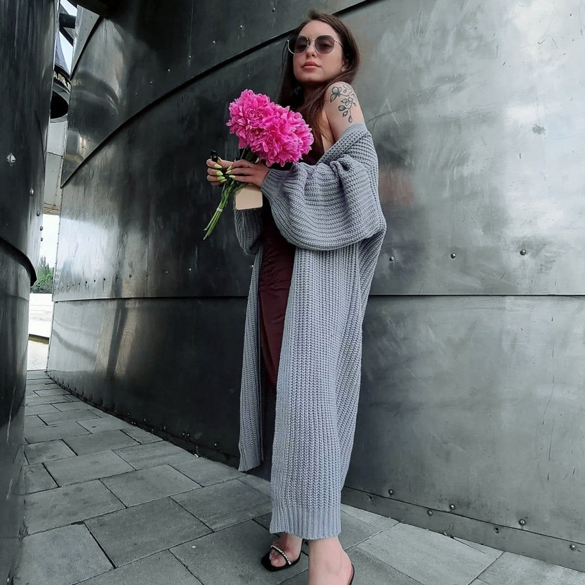 Gilet femme – Coupe oversize – Maille laine – Long – Manches longues – Ouvert devant