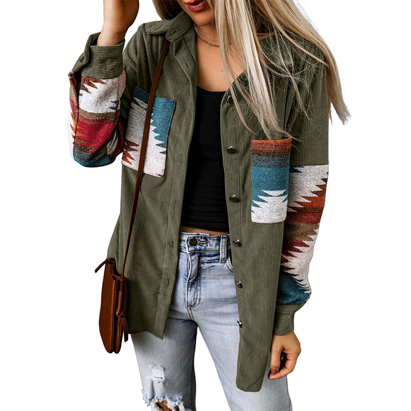 Veste cardigan femme – Coupe décontractée – Motif aztèque – Boutonnée – En velours côtelé