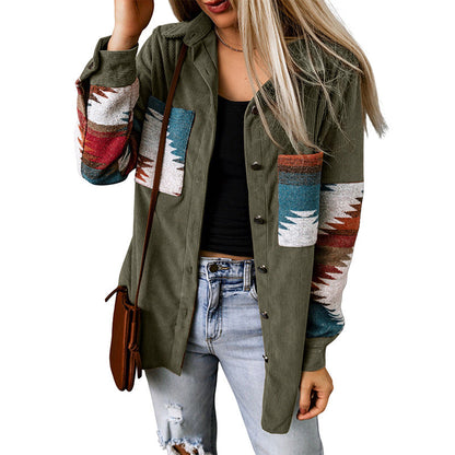 Veste cardigan femme – Coupe décontractée – Motif aztèque – Boutonnée – En velours côtelé
