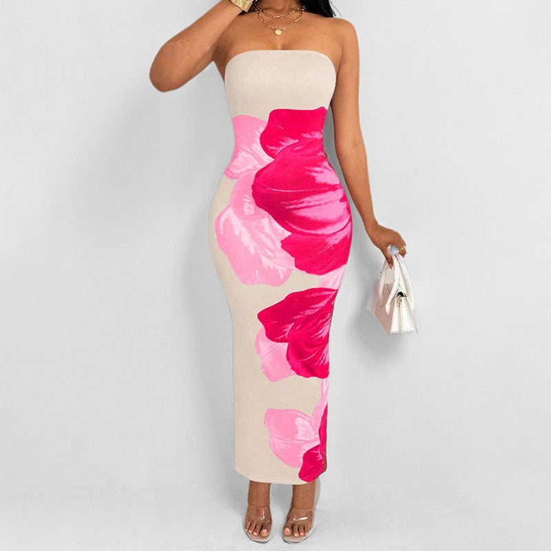 Robe femme bustier – Coupe ajustée – Imprimé floral – Longue élégante soirée