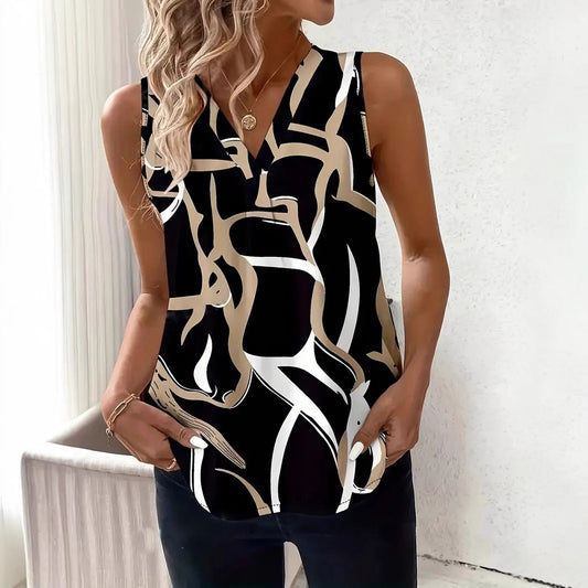 Top sans manches femme – Coupe décontractée – Col en V – Imprimé abstrait – Tissu léger