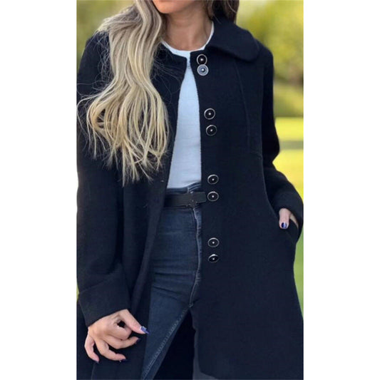Manteau femme en laine – Coupe structurée – Col large – Boutonnage simple – Mi-long