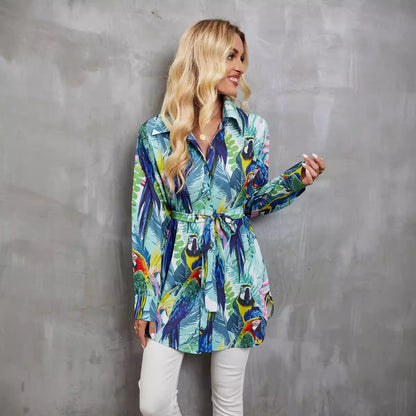 Chemise femme manches longues – Coupe décontractée – Imprimé tropical – Taille nouée