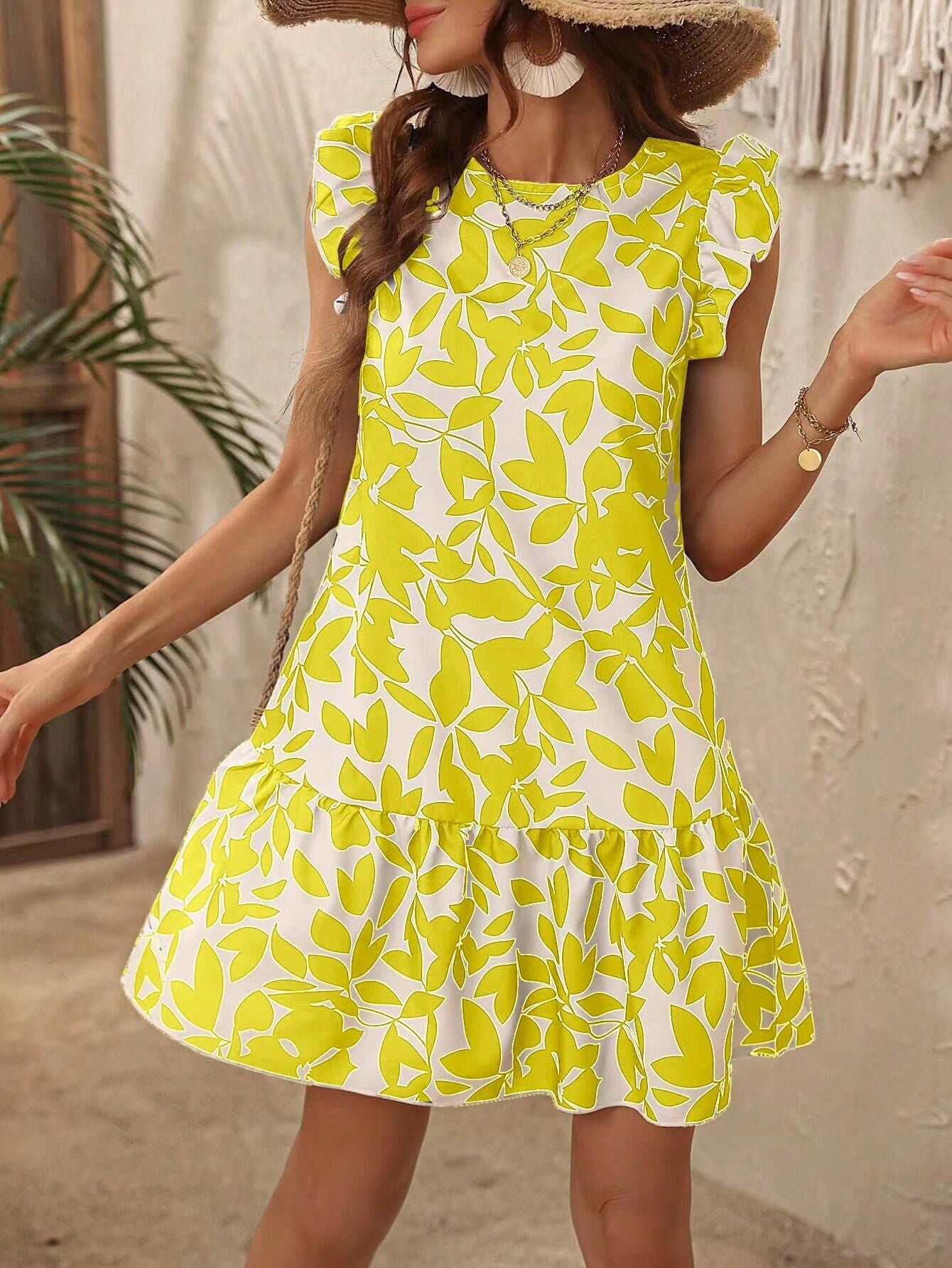 Kiera - Robe d'été pour femme – Manches à volants – Imprimé feuilles – Ourlet à volants – Style plage
