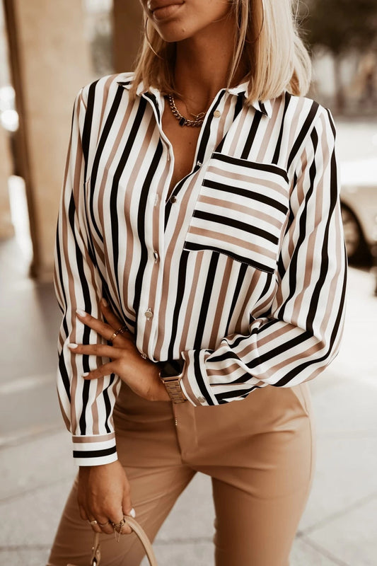 Blouse femme – Coupe décontractée – Col en V – Rayures verticales
