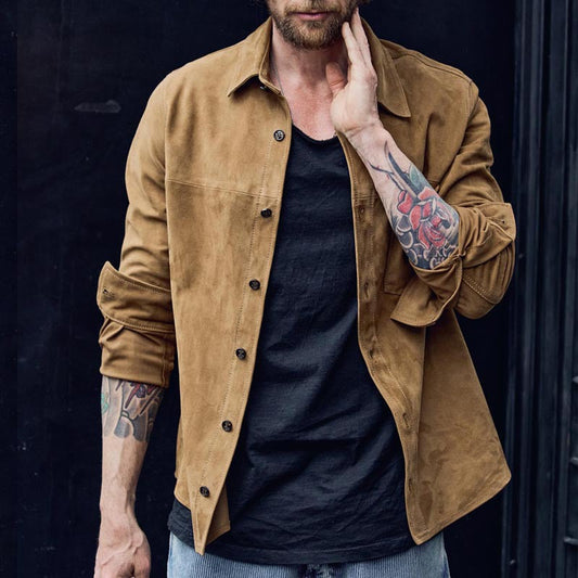 Veste décontractée homme – Coupe ample – Tissu effet suédé – Manches longues boutonées