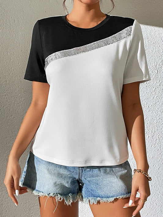 T-shirt femme – Coupe décontractée – Maille douce – Col rond – Détail sequins