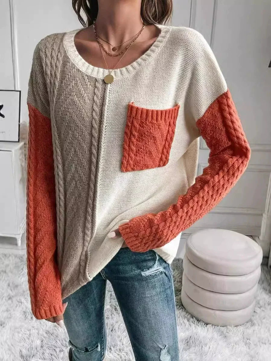 Pull femme – Maille laine – Coupe décontractée – Patchwork avec poche poitrine