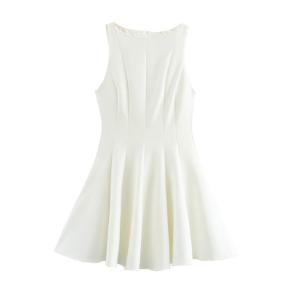 Robe femme sans manches – Coupe slim évasée – Col rond – Longueur mini fluide