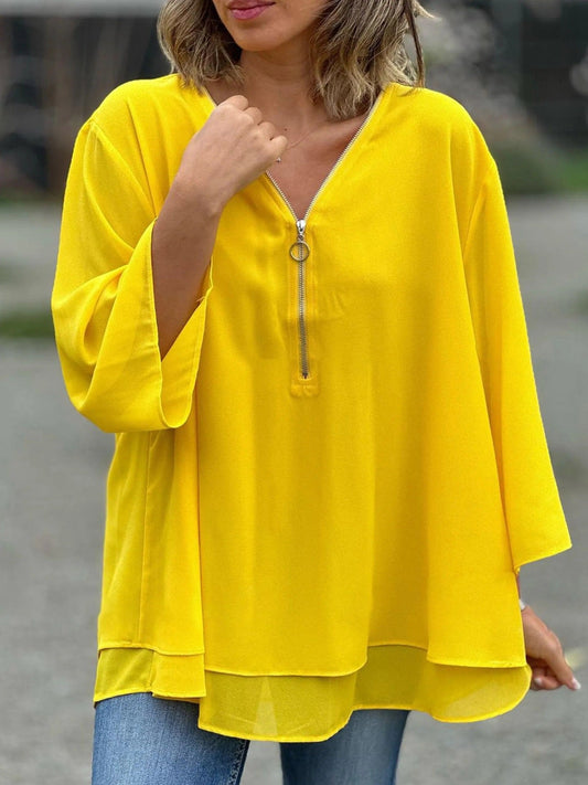 Blouse femme – Col V zippé – Coupe ample – Manches 3/4 – Tissu léger fluide