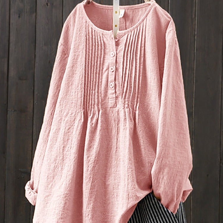 Chemisier femme - Boutonné devant avec détails plissés - Manches longues - Coupe décontractée