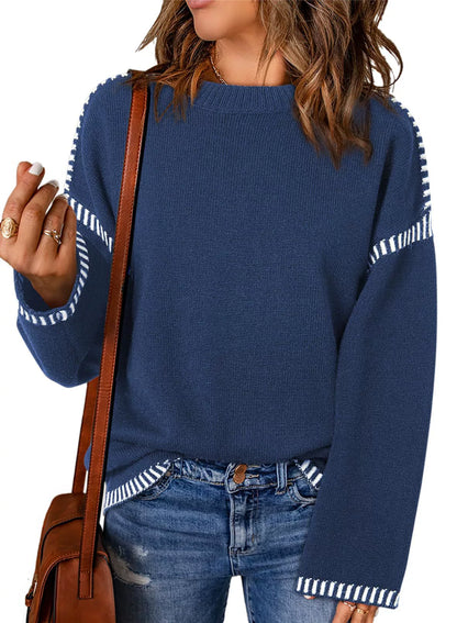 Pull femme – Coupe ample – Maille torsadée – Col rond – Manches longues à rayures