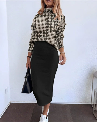 Ensemble Femme Deux Pièces – Maille Stretch – Haut Manches Longues – Jupe Midi Ajustée